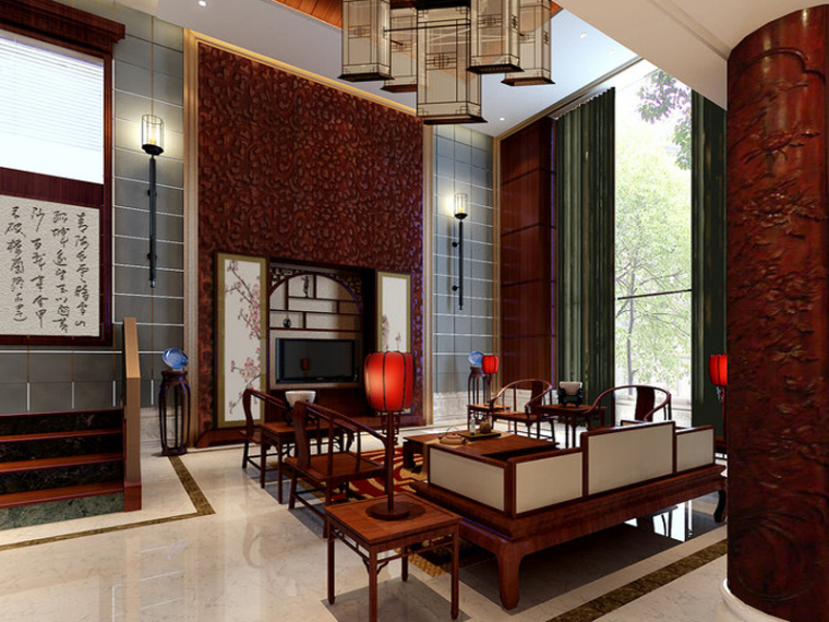沙发中式客厅资料下载-宽敞明亮中式客厅3D模型下载