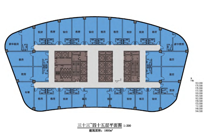 [湖北]武汉金银湖大厦商业综合体概念方案设计文本-客房三十三~四十五层平面图