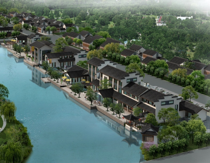 [四川]生态田园绿色低碳小镇旅游度假村景观设计方案-滨水住宅社区景观效果图