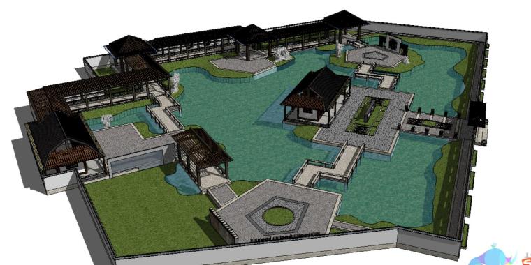中式长廊院景观设计资料下载-中式滨水小场景景观设计.skp