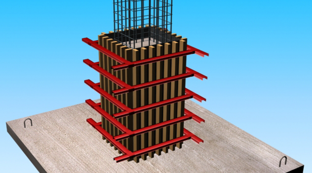 饭店工程施工组织设计（鲁班奖）-6柱模及柱箍配置效果图（支撑及拉结另设）