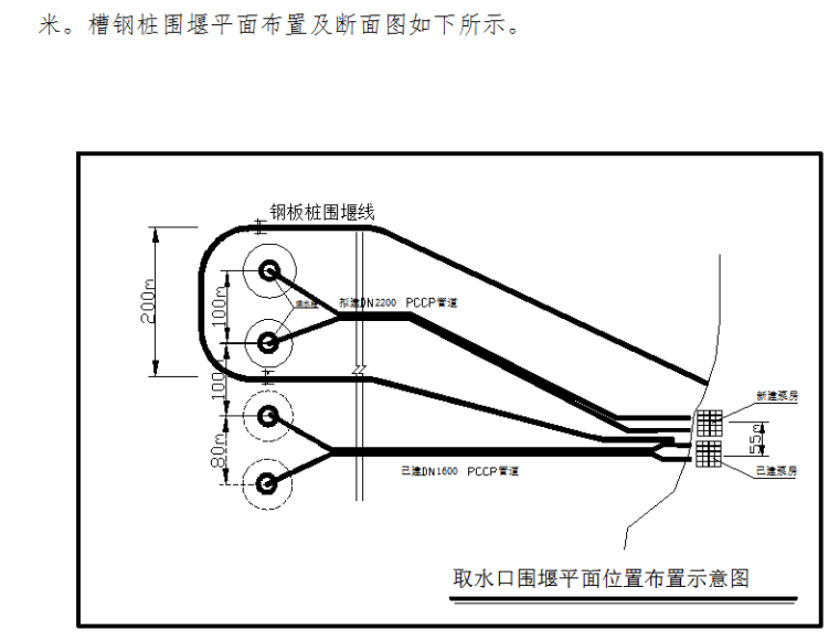 苏州某区水厂二期扩建工程取水头部施工组织设计（Word.114页）-槽钢桩围堰平面布置及断面图