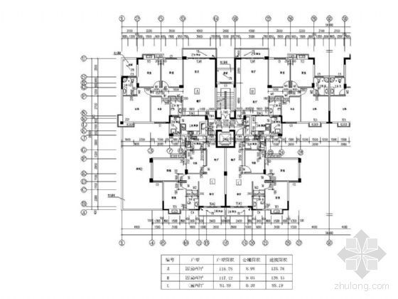 [湖北]某十九层一梯四、塔式住宅建筑施工图纸(底层架空,顶层复式)-户型放大组合平面图