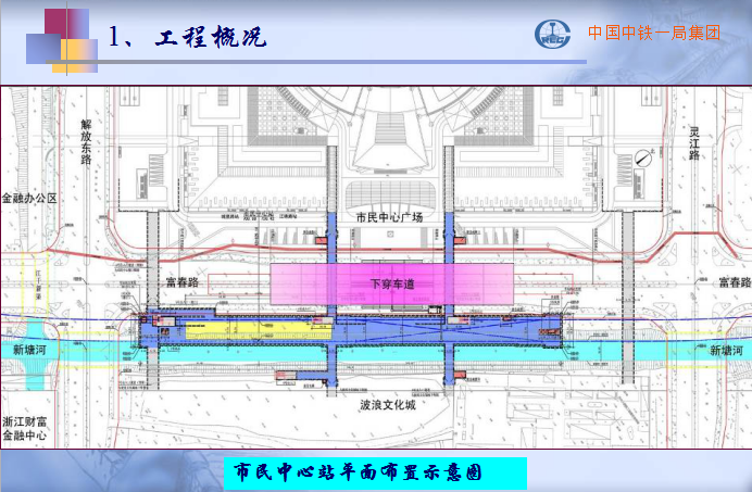 [中铁]杭州地铁市民中心地铁站施工技术（共57页）-市民中心站平面布置示意图