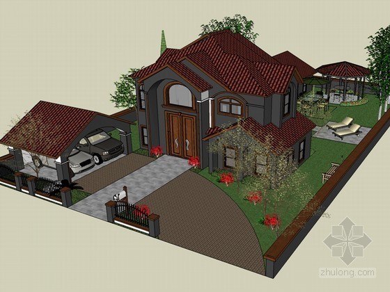 草图大师小院资料下载-住宅小院SketchUp模型下载