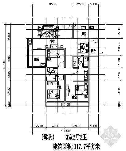 三室两厅两卫户型设计资料下载-三室两厅一厨两卫117.7平方米