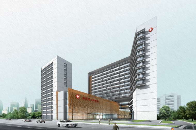 [福建]现代风模块化人民医院设计方案-主入口透视图