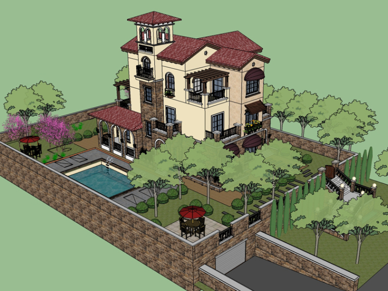 sketchup别墅模型设计资料下载-托斯卡纳风格别墅SketchUp模型下载