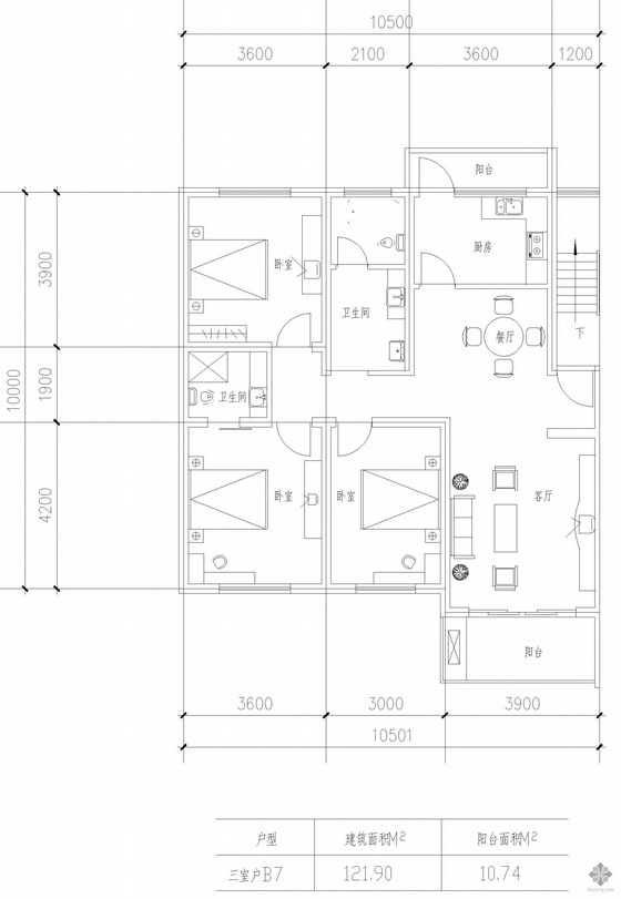 三室一厅CAD原始图图资料下载-板式高层三室一厅单户户型图(121.90)