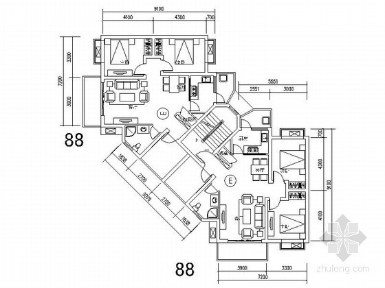 多层住宅建筑CAD平面图资料下载-多层住宅90度拐角一梯二户型平面图（88平方米）