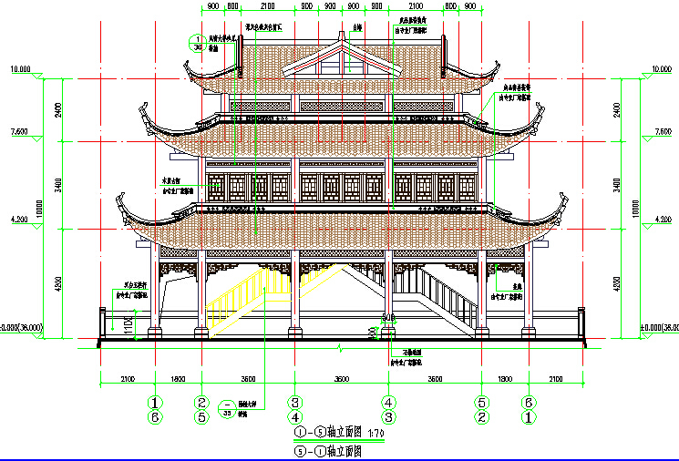 [湖南]外包木钢框架观景台钢筋混凝土板拱桥跨河景观人行桥设计图87张CAD附计算书61页-景观平台立面图