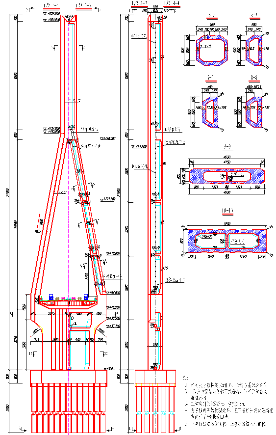 PK组合梁长江公路大桥高216m索塔塔柱液压爬模法翻模法施工总结101页（附图丰富）-主墩索塔一般构造图.gif