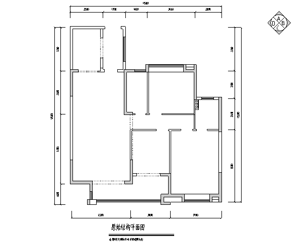 美式田园风三居室住宅设计施工图（附效果图）-原始结构平面图