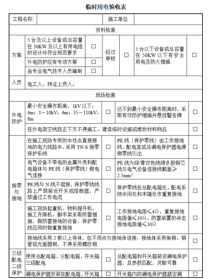 建设单位施工现场安全管理资料表格（252页）-临时用电验收表