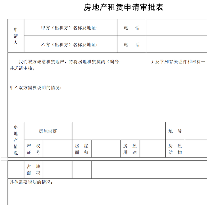 《物业管理》的表格大全（共217页）-房地产租赁申请审批表