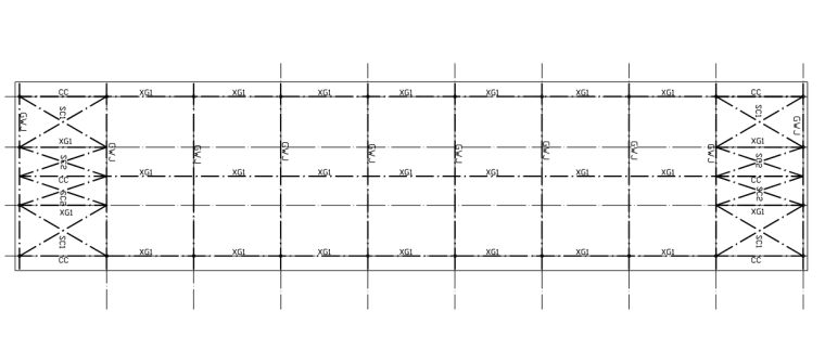 弧形钢管桁架工业厂房建筑结构施工图（CAD、11张）-上弦支撑平面布置图
