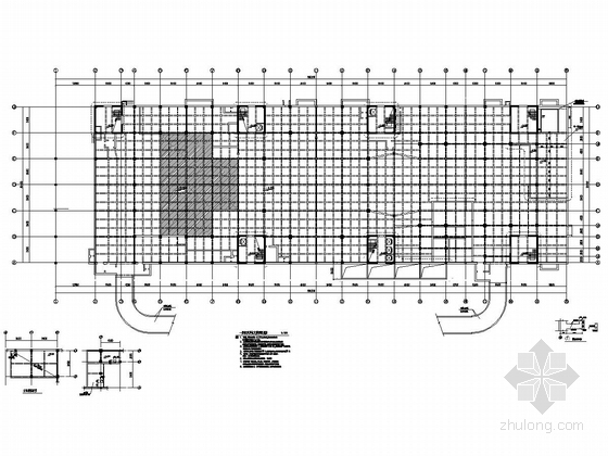中原之门造型局部带钢桁架框剪结构旅游中心结构图（含建筑图、超长）-一层模板定位及楼板配筋图