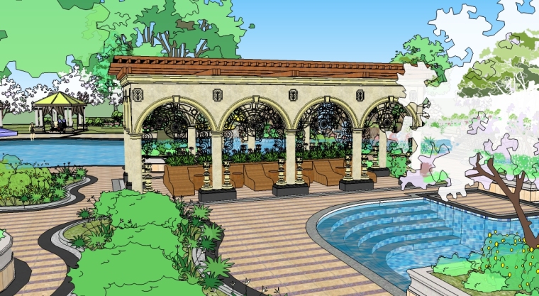 欧式室外游泳池景观SU模型-欧式廊架