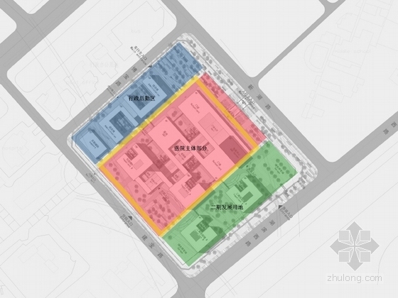 [广东]滨海风格集中式布局医院规划及建筑设计方案文本-现代风格集中式布局医院分析图