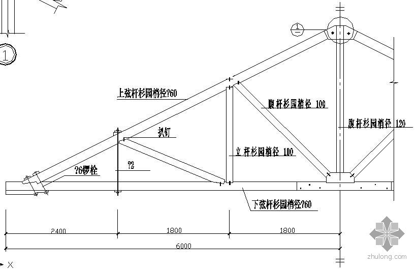内容简介 某木屋架的节点构造详图:包括屋架桁架结构形式和节点祥图