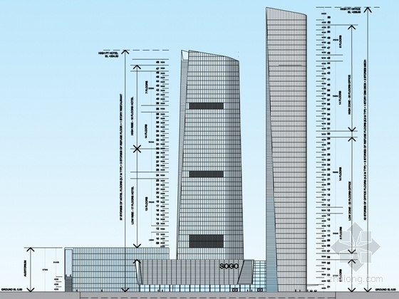 [江苏]超高层玻璃幕墙星级酒店及办公建筑设计方案文本-超高层玻璃幕墙星级酒店及办公建筑立面图