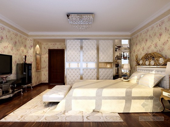 中式卧室壁纸材质贴图资料下载-米色调欧式女孩卧室3d模型下载