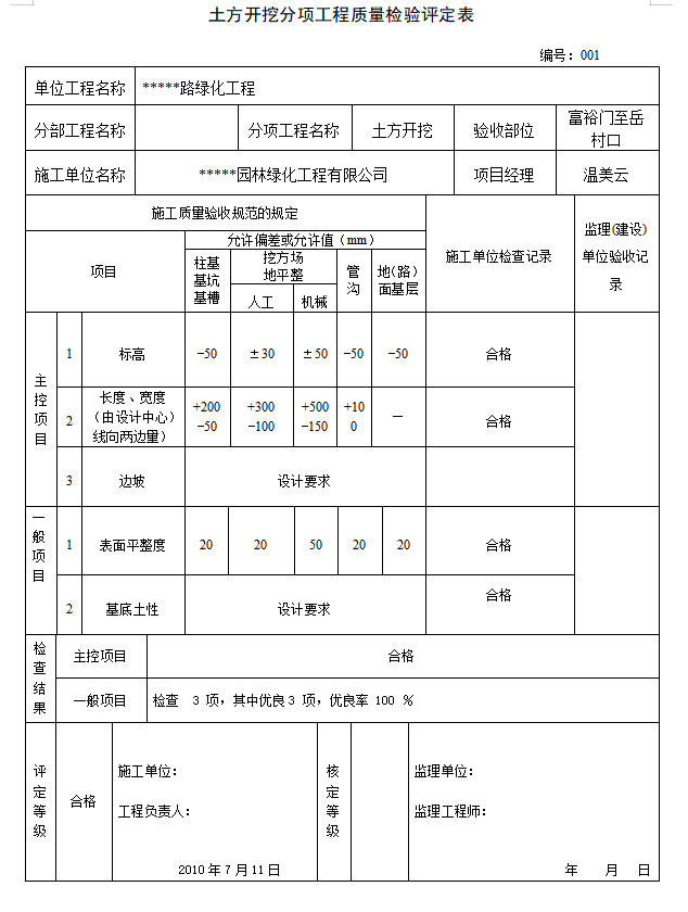 道路绿化工程监理竣工验收资料表格（全套，119页）-土方开挖分项工程质量检验评定表