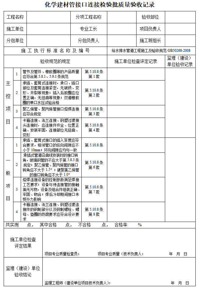 建设项目给排水工程监理验收表格-化学建材管接口连接检验批质量验收记录