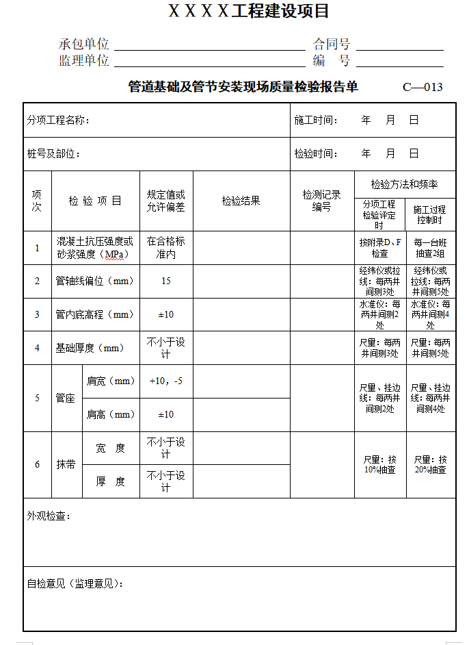 公路工程监理实用表格(质量检验，384页)-管道基础及管节安装现场质量检验报告单0