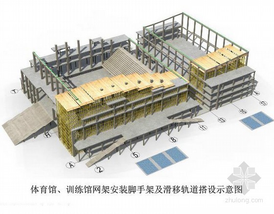 钢结构体育中心工程网架安装施工组织设计(155页 附图)-网架安装脚手架及滑轨搭设示意图 