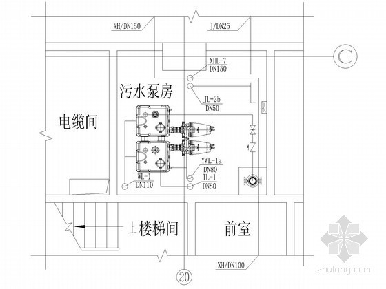 [四川]大型地铁工程岛式站台车站全套给排水初步设计图纸（含说明书）-员工卫生间污水泵房给排水平面布置图 