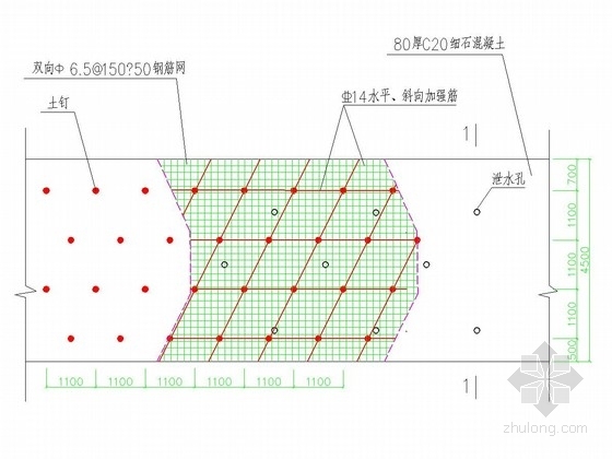 [陕西]设备用房深基坑土钉墙加网喷支护施工图-基坑支护正立面 