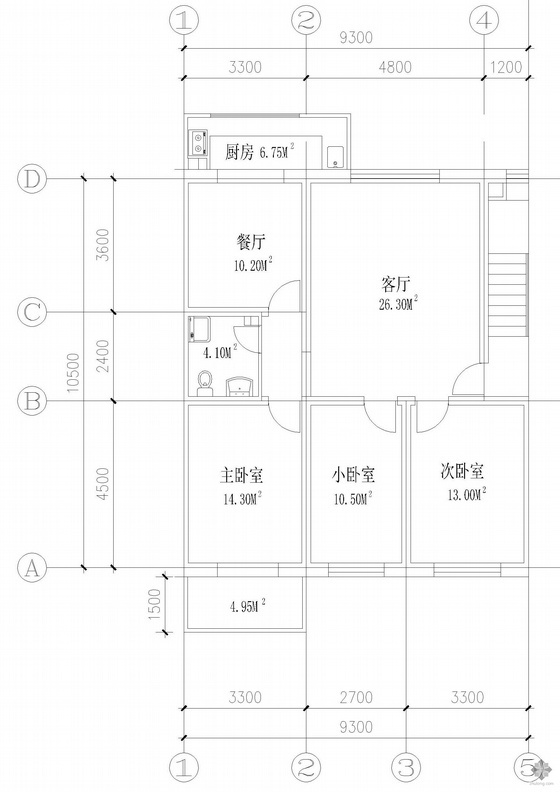 多层三室经典户型图资料下载-板式多层三室单户户型图(114)