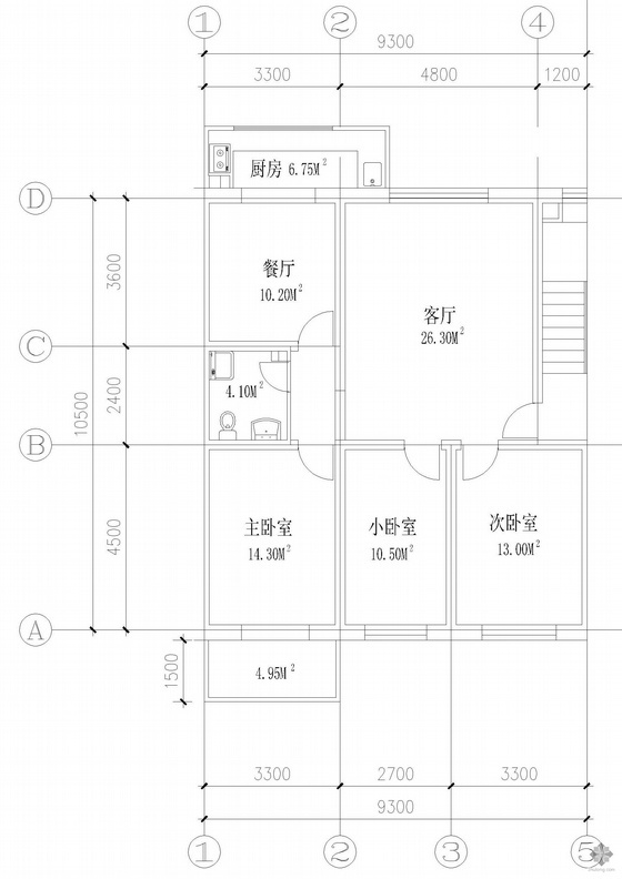 单户户型图资料下载-板式多层三室单户户型图(114)