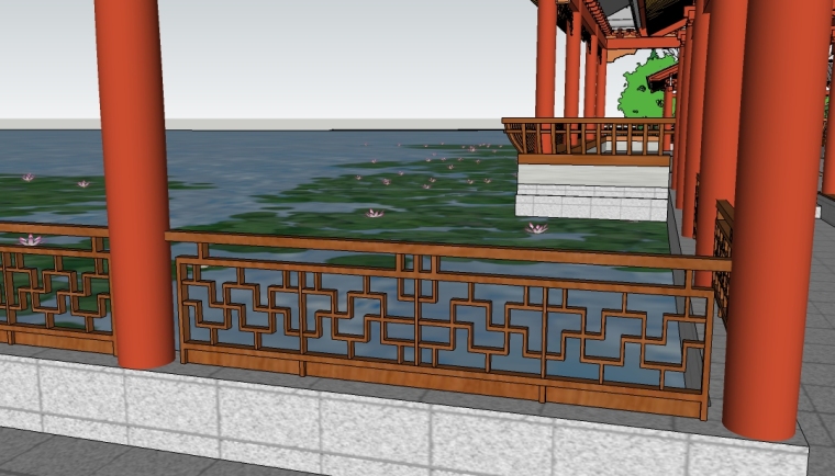 [SU模型]古建水榭荷花池模型-古建水榭长廊SU模型荷花池5