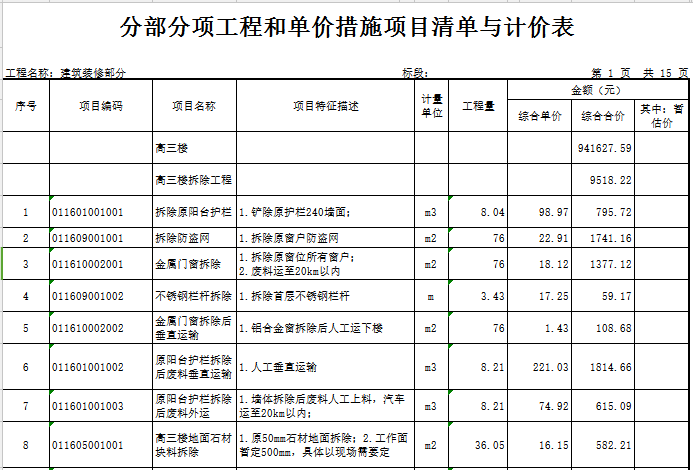 [广东]中学3栋大楼钢结构电梯加装工程预算书(含图纸)-建筑装修分部分项工程和单价措施项目清单与计价表