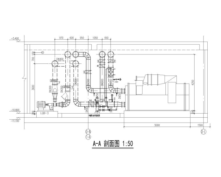 [广东]深圳某商业地下暖通施工图纸（含平时及战时系统等）-制冷机房剖面图
