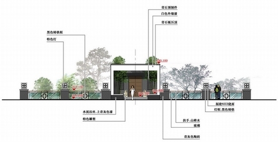 [重庆]现代中式人文社区景观规划设计方案-入口景观剖面图