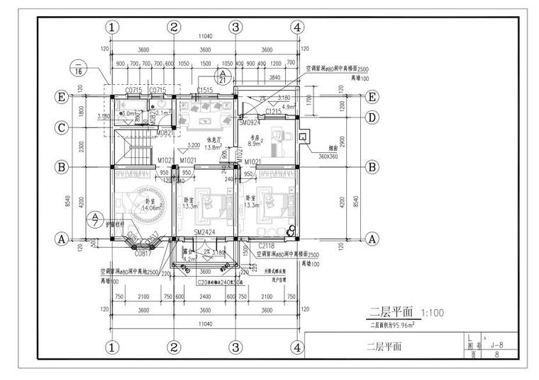 二层别墅建筑设计施工图-二层平面图