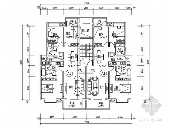 两梯六户房子的平面图资料下载-经典多层住宅一梯二户型平面图（117平方米）