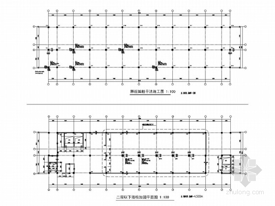 [上海]原框架结构标准厂房改建为六层框剪结构办公楼改造加固结构施工图-二层以下墙柱加固平面图 