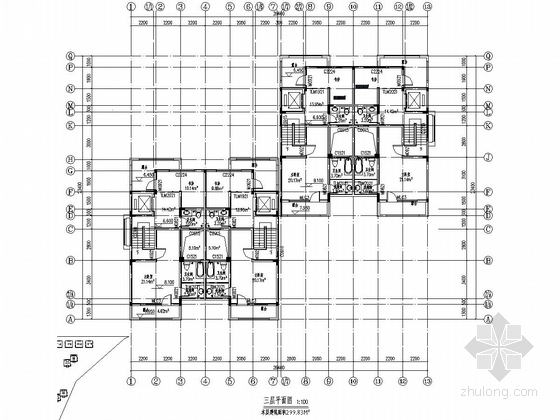 三层框架结构叠拼别墅（带大地下室）建筑结构施工图-三层平面图