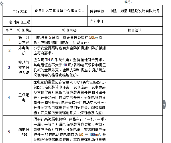 [成都]某文化体育中心项目临时用电方案（附计算书，共26页）-施工现场临时用电验收表