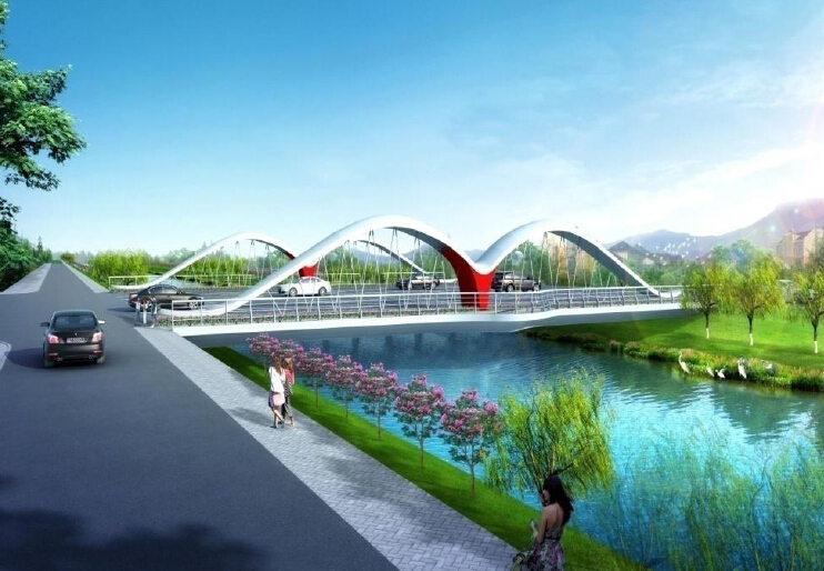 [湖南]含顶进框架桥钢箱梁拱桥市政道路方案设计278页（含预算，可研报告）-跨河渠效果图