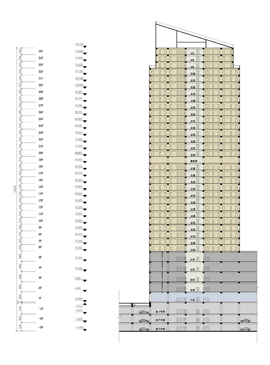[河南]超高层多功能影视大厦建筑方案文本（含休闲、娱乐、暂住）-超高层多功能影视大厦建筑剖面图