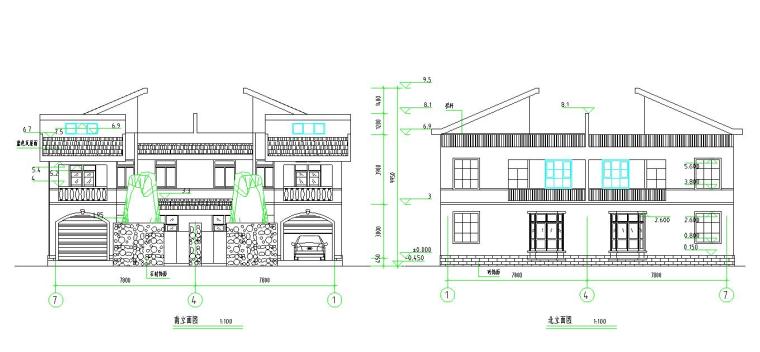 两户双联式，二层半新农村别墅建筑设计文本（包含效果图+CAD）-立面图