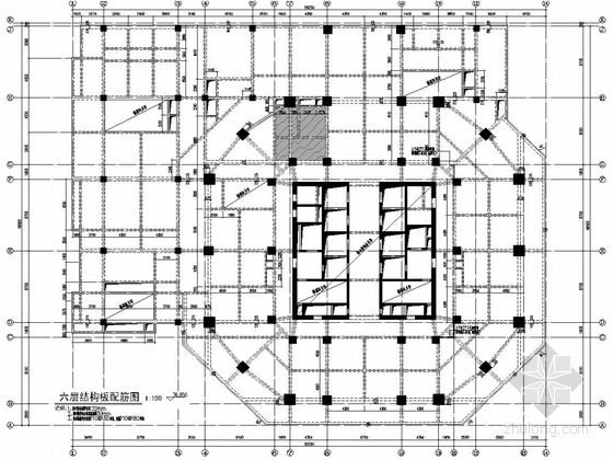 [浙江]42层框筒双塔酒店及商务办公楼结构图（280张图、带空中连廊）-商务办公楼六层板配筋图