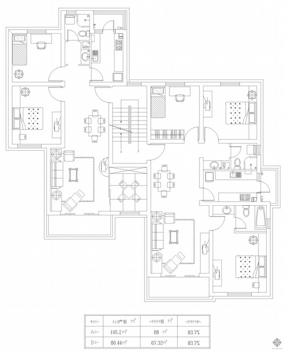 一梯两户7层住宅资料下载-板式多层一梯两户户型图(105/80)