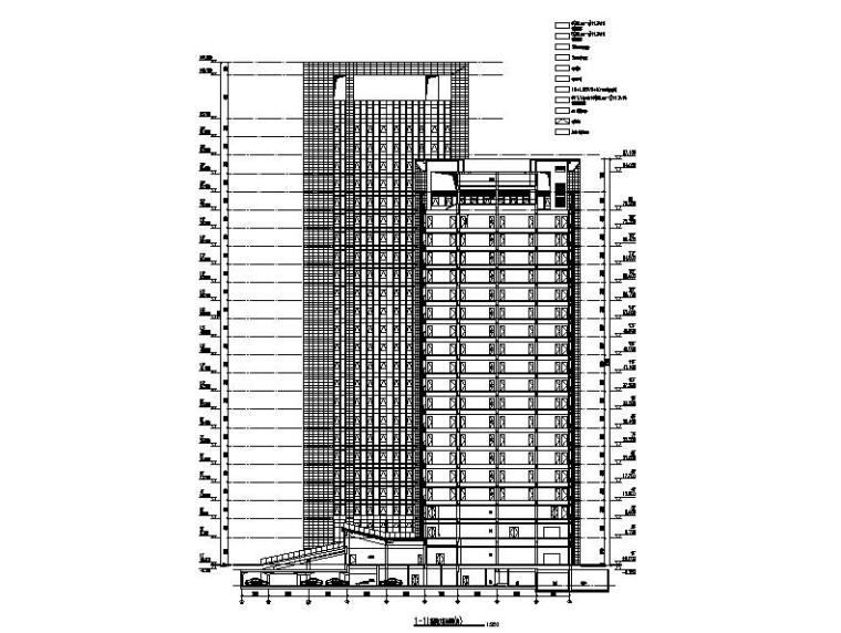 [浙江]超高层塔式连廊办公楼建筑施工图-超高层塔式连廊办公楼建筑剖面图