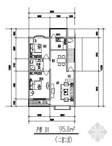 95平方米高层户型图资料下载-二室二厅1(95.8平方米)